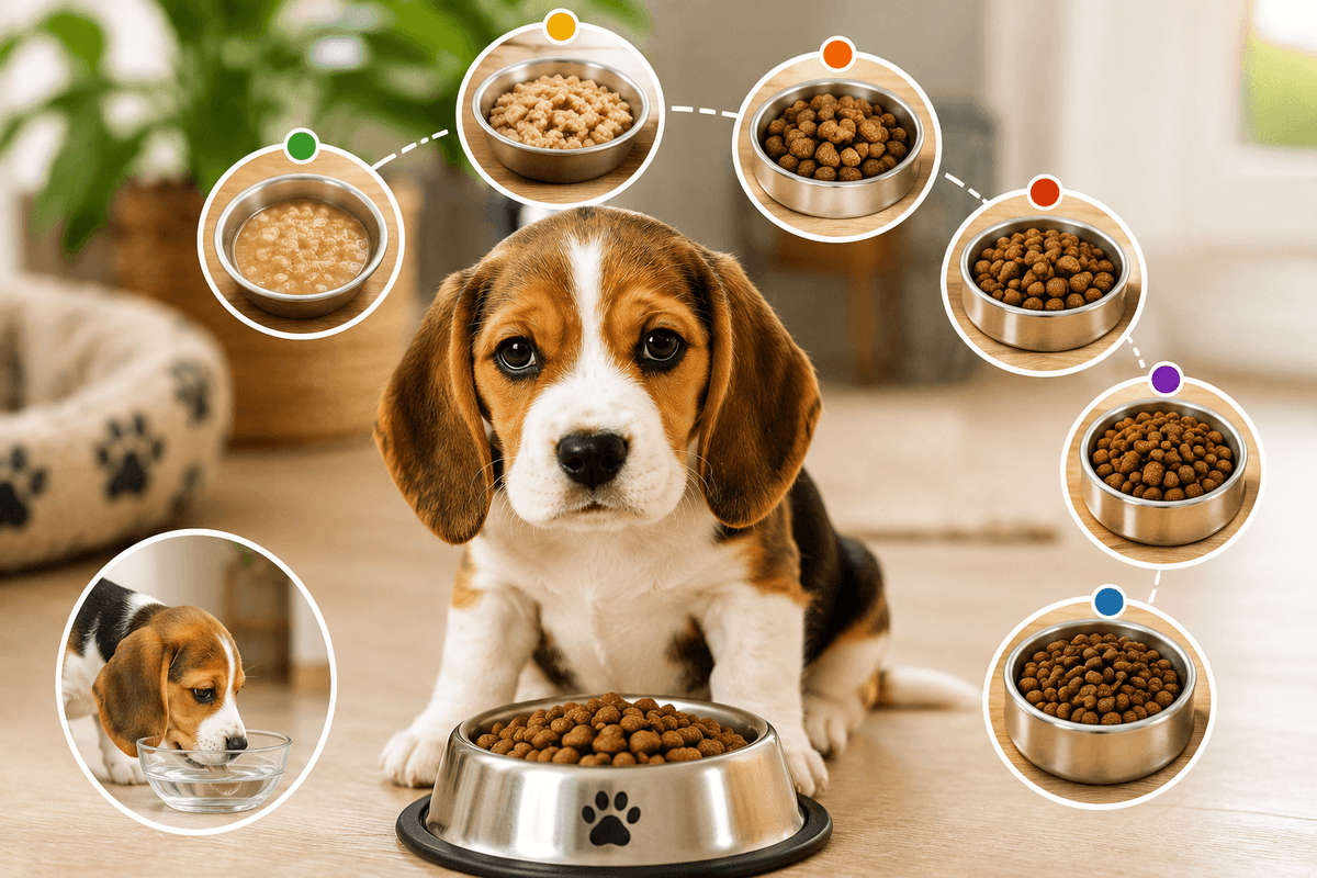 Beagle puppy eating a healthy meal from a bowl at home