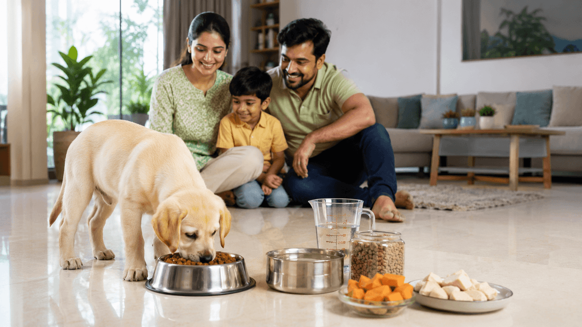 Labrador puppy eating from a steel bowl in an Indian home, feeding schedule guide