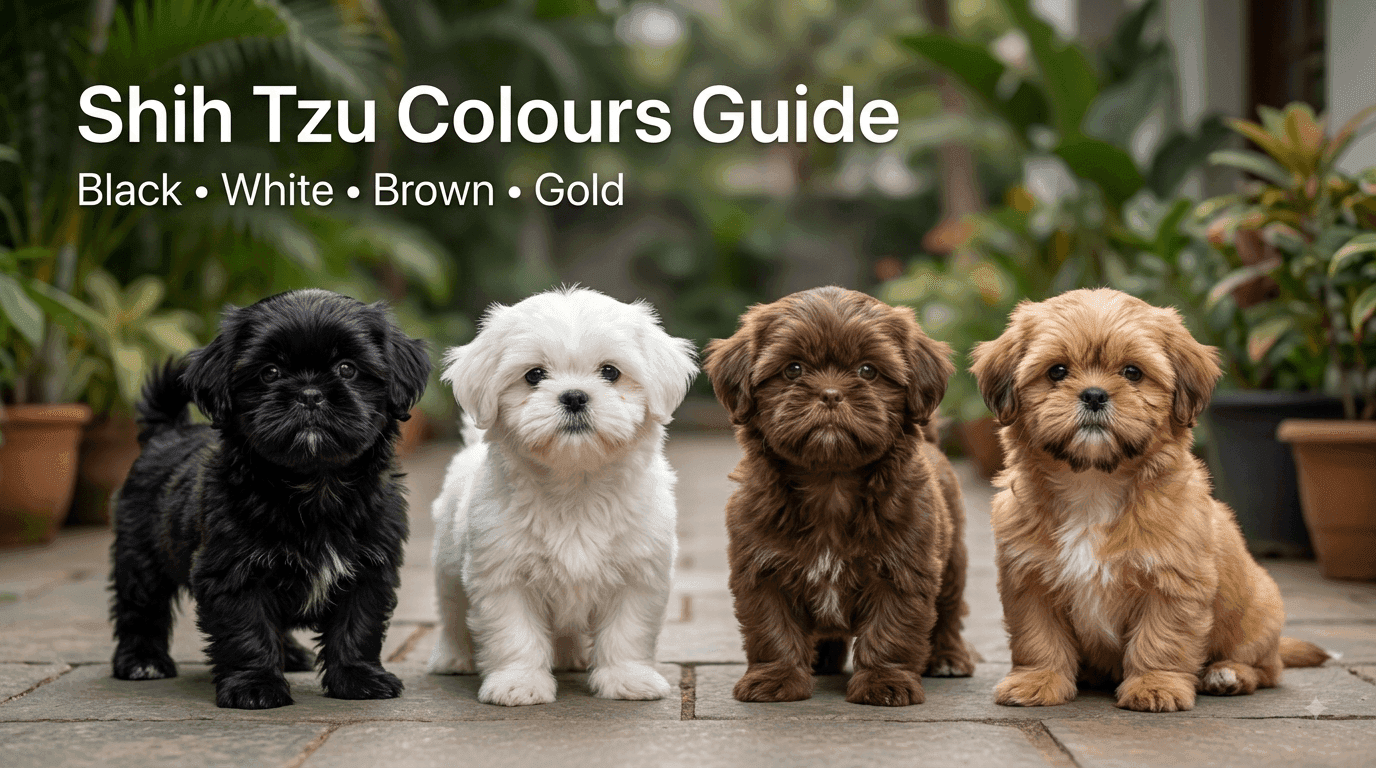 Shih Tzu black, white, brown and gold coat colours