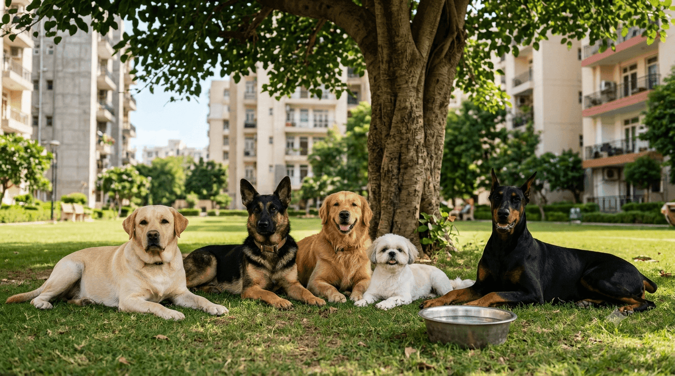 Golden Retriever, Labrador, German Shepherd, Shih Tzu and Doberman resting in the shade on a society lawn