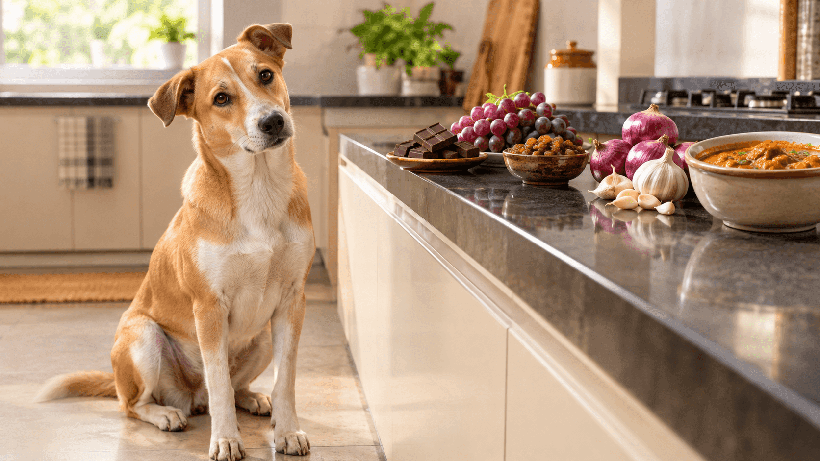 Indian dog sitting safely in a kitchen near chocolate, grapes, onions, and garlic that can be harmful to dogs.