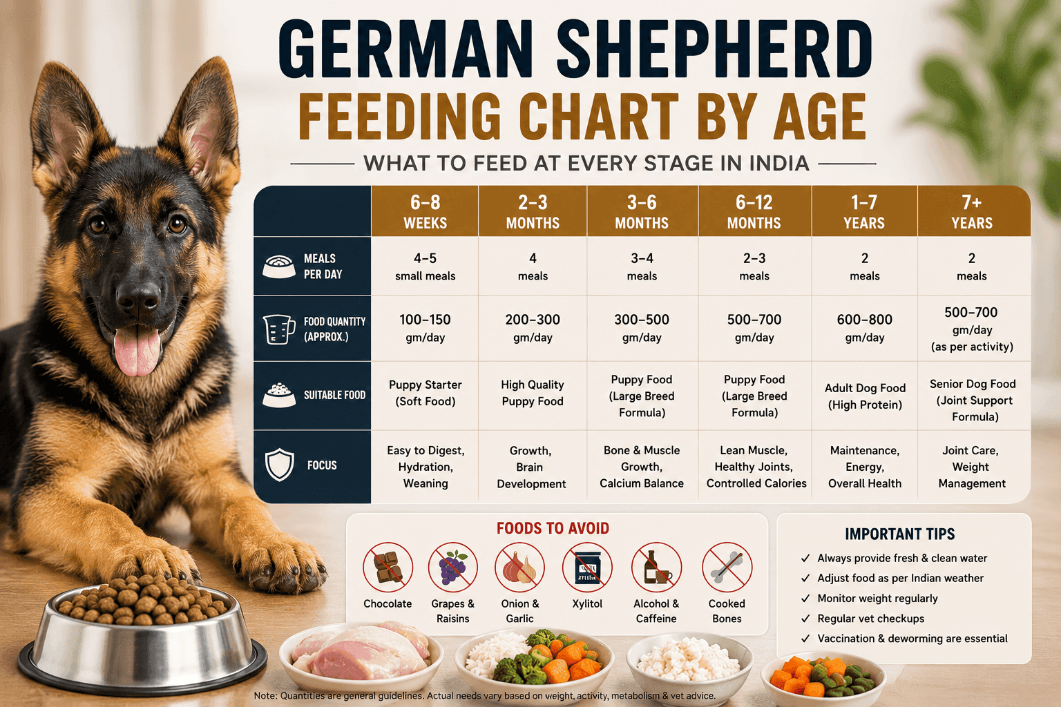 German Shepherd puppy and adult dog with an age-wise feeding chart and balanced diet guide in India