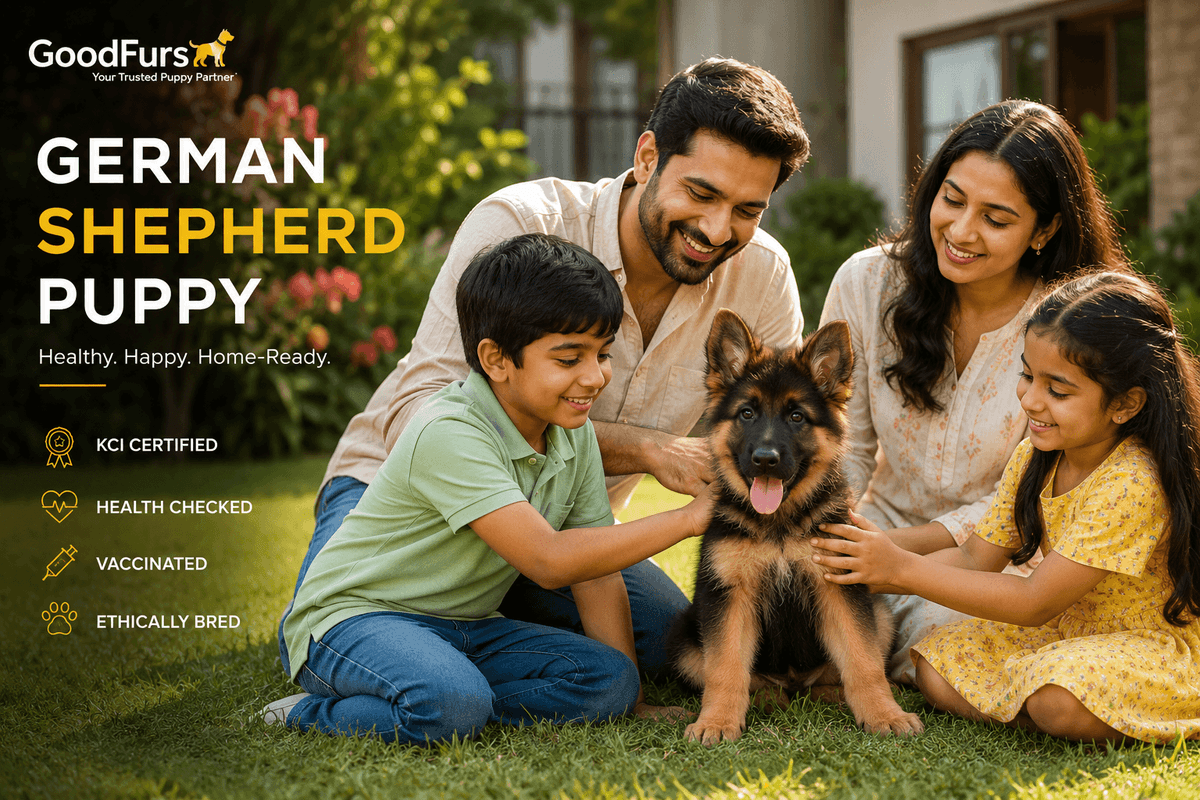 Healthy KCI Certified German Shepherd puppy with an Indian family outdoors, representing the German Shepherd Price in India (2026) buying guide by GoodFurs.