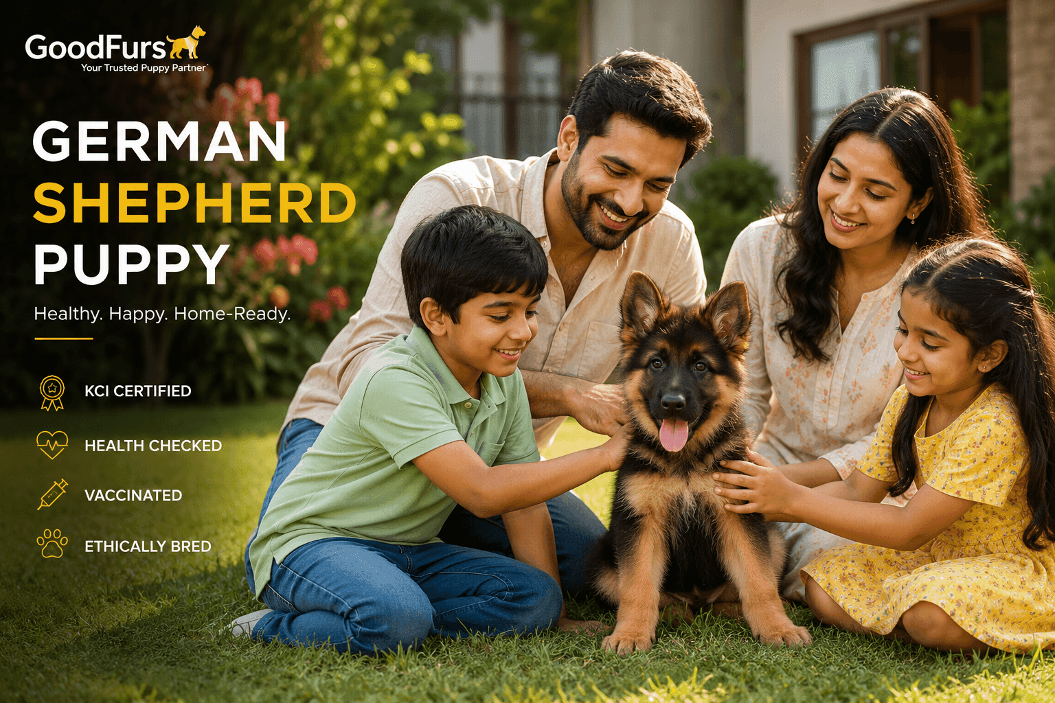Healthy KCI Certified German Shepherd puppy with an Indian family outdoors, representing the German Shepherd Price in India (2026) buying guide by GoodFurs.