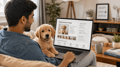 Young Indian pet owner researching a puppy online with a healthy Golden Retriever puppy beside him