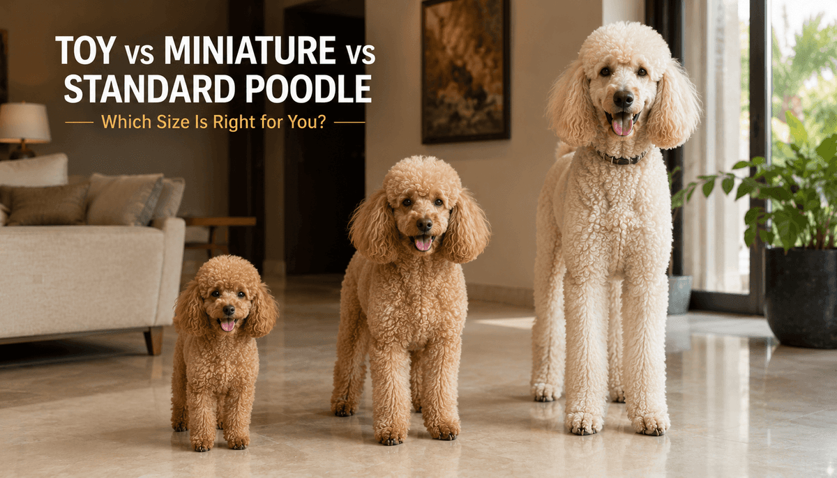 Toy, Miniature, and Standard Poodle size comparison in an Indian home