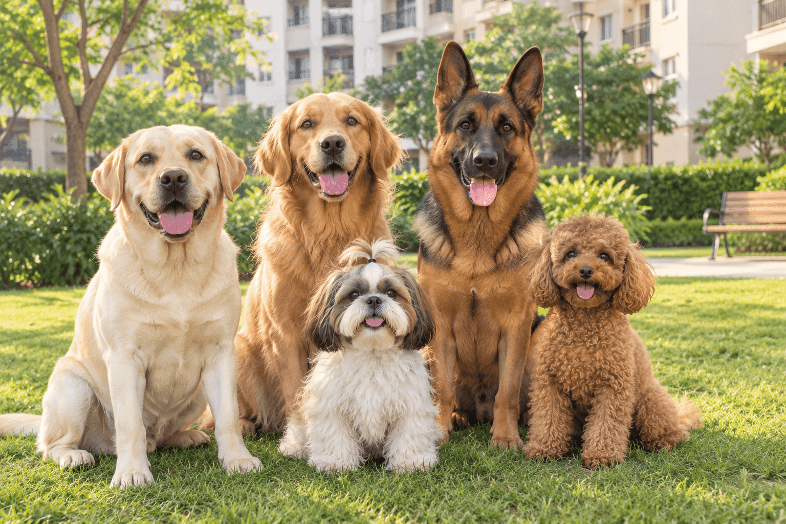 Labrador, Golden Retriever, German Shepherd, Shih Tzu and Poodle sitting on a lawn