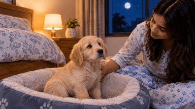 Young puppy whimpering on its bed beside its owner at night in a comfortable bedroom.