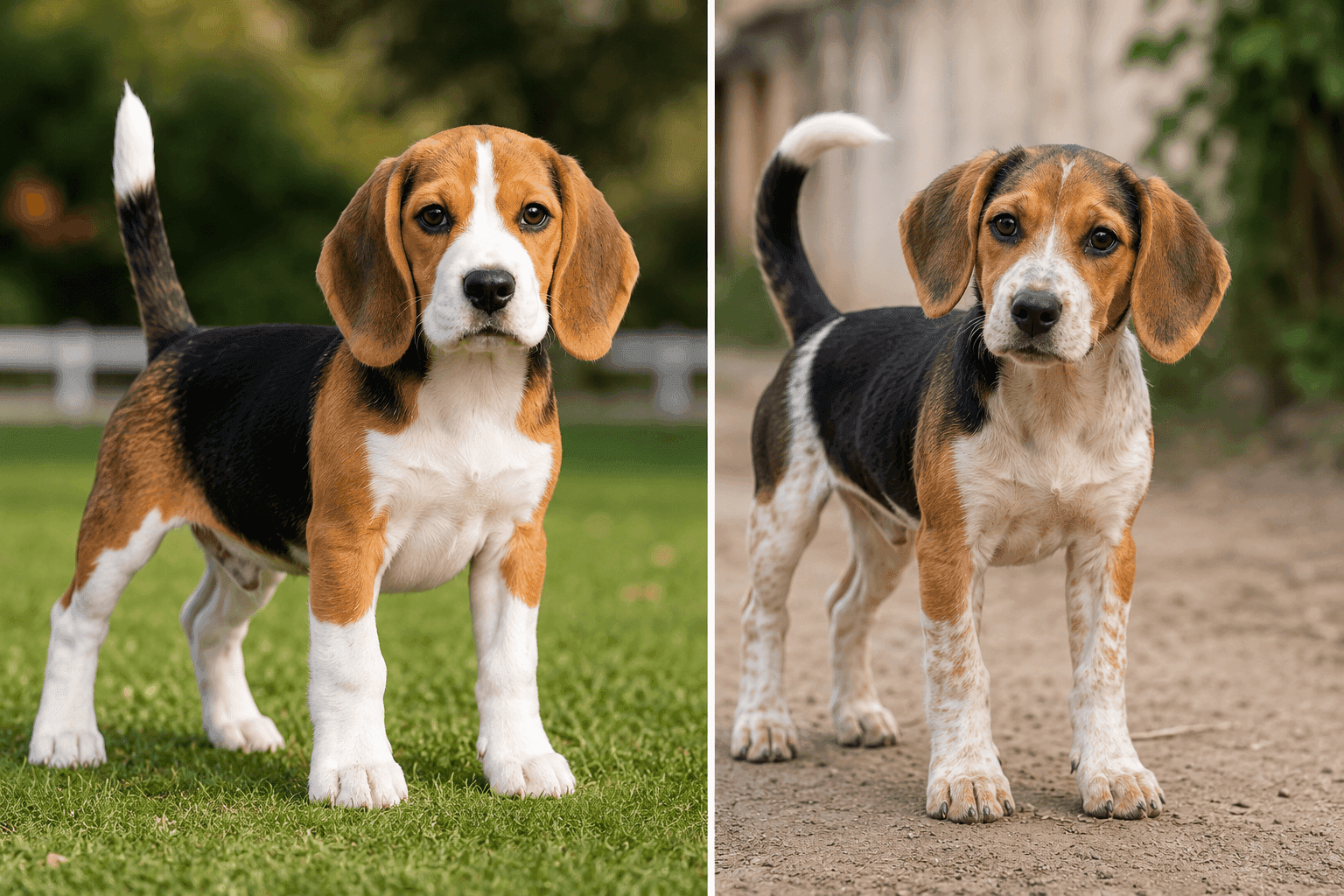 Pure Beagle puppy with breed-standard tri-colour coat, long ears, and white-tipped tail