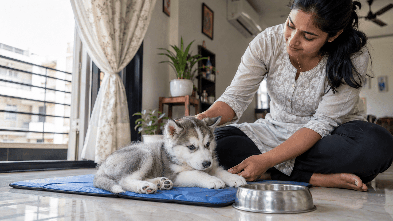 Healthy Siberian Husky puppy resting on a cooling mat while an Indian owner checks its comfort inside a well-ventilated home.