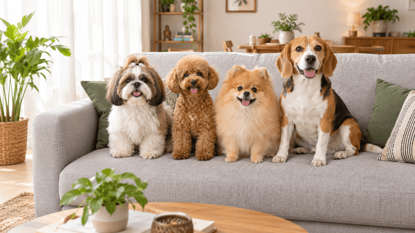 Shih Tzu, Toy Poodle, Pomeranian and Beagle sitting on a sofa in an Indian apartment