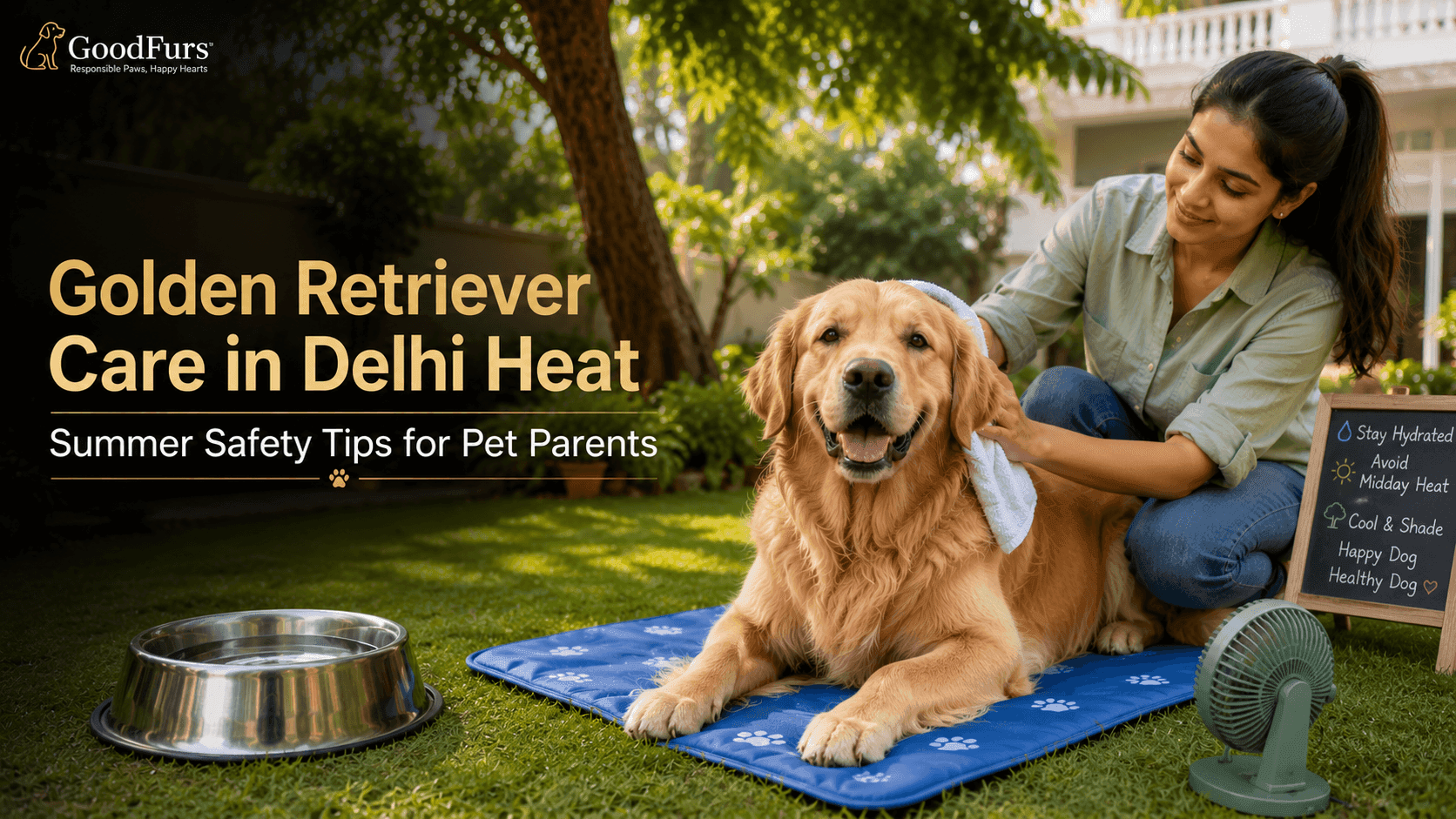 A Golden Retriever enjoying a safe and comfortable summer morning in Delhi with proper hydration, shade, cooling support, and attentive pet care. Healthy Golden Retriever staying cool in a shaded Delhi garden with fresh water, cooling mat, and pet parent providing summer care during hot weather