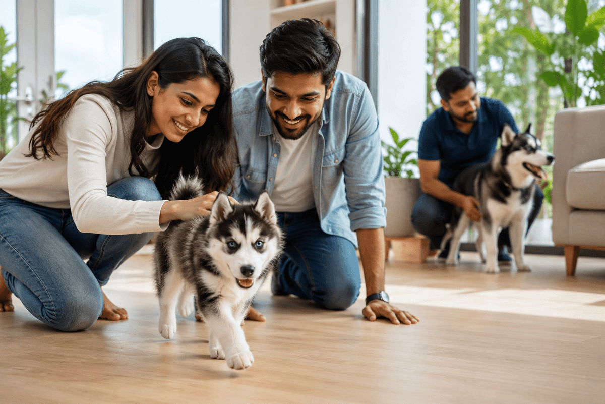 Knowing what to check before you buy can save years of unexpected vet visits. Family checking a healthy Siberian Husky puppy's eyes and coat before buying