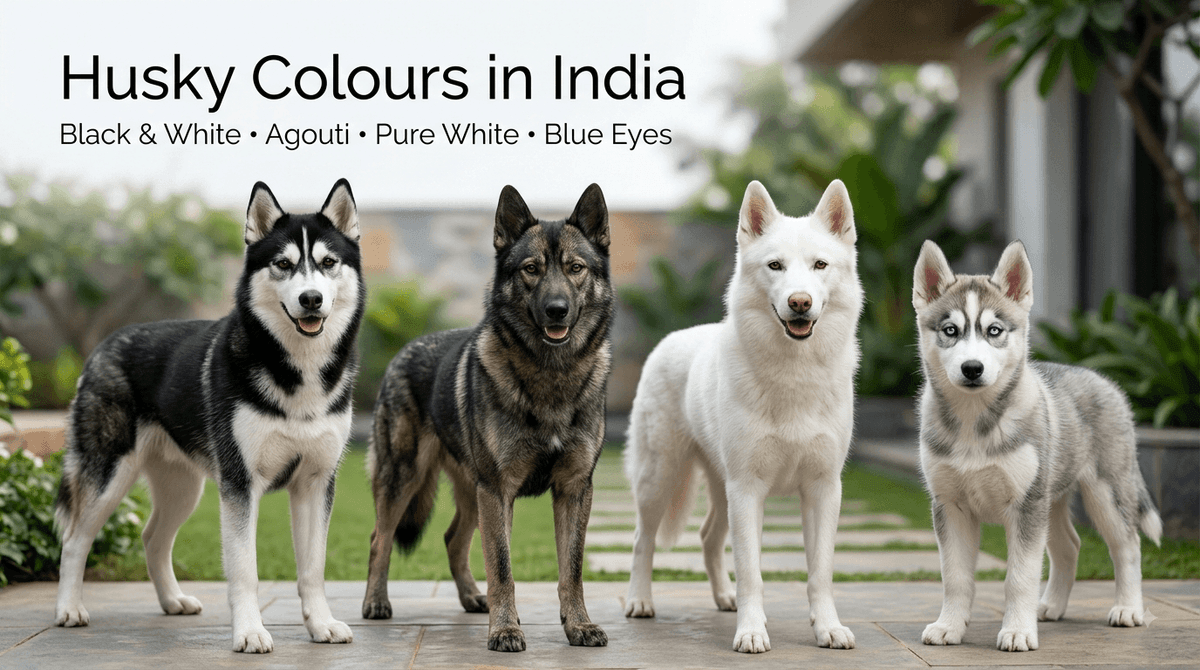 Siberian Huskies come in a variety of beautiful coat colours, including black and white, agouti, predominantly white, and blue-eyed variations. Four Siberian Huskies showing black and white, agouti, pure white, and blue-eyed coat variations