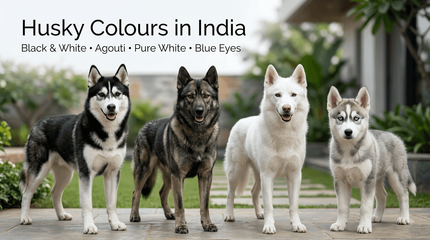 Siberian Huskies come in a variety of beautiful coat colours, including black and white, agouti, predominantly white, and blue-eyed variations. Four Siberian Huskies showing black and white, agouti, pure white, and blue-eyed coat variations