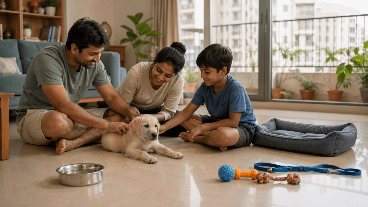 Young yellow Labrador puppy relaxing with an Indian family inside a spacious, pet-friendly apartment.