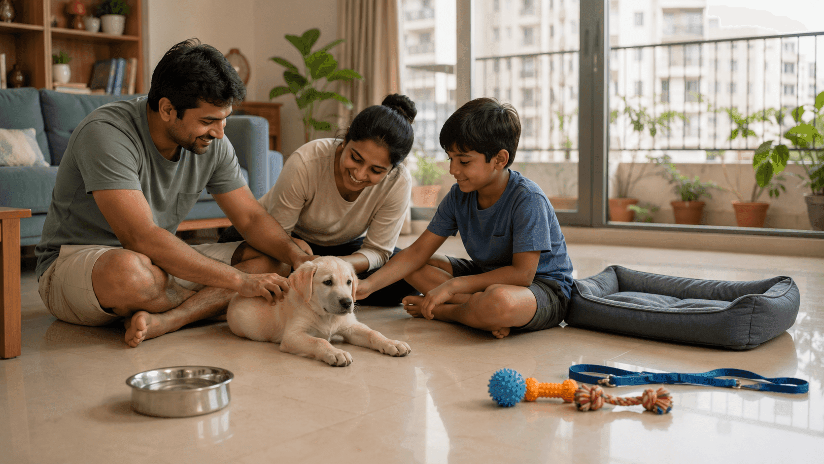 A Labrador puppy enjoying a calm and comfortable apartment lifestyle with an Indian family. Young yellow Labrador puppy relaxing with an Indian family inside a spacious, pet-friendly apartment.