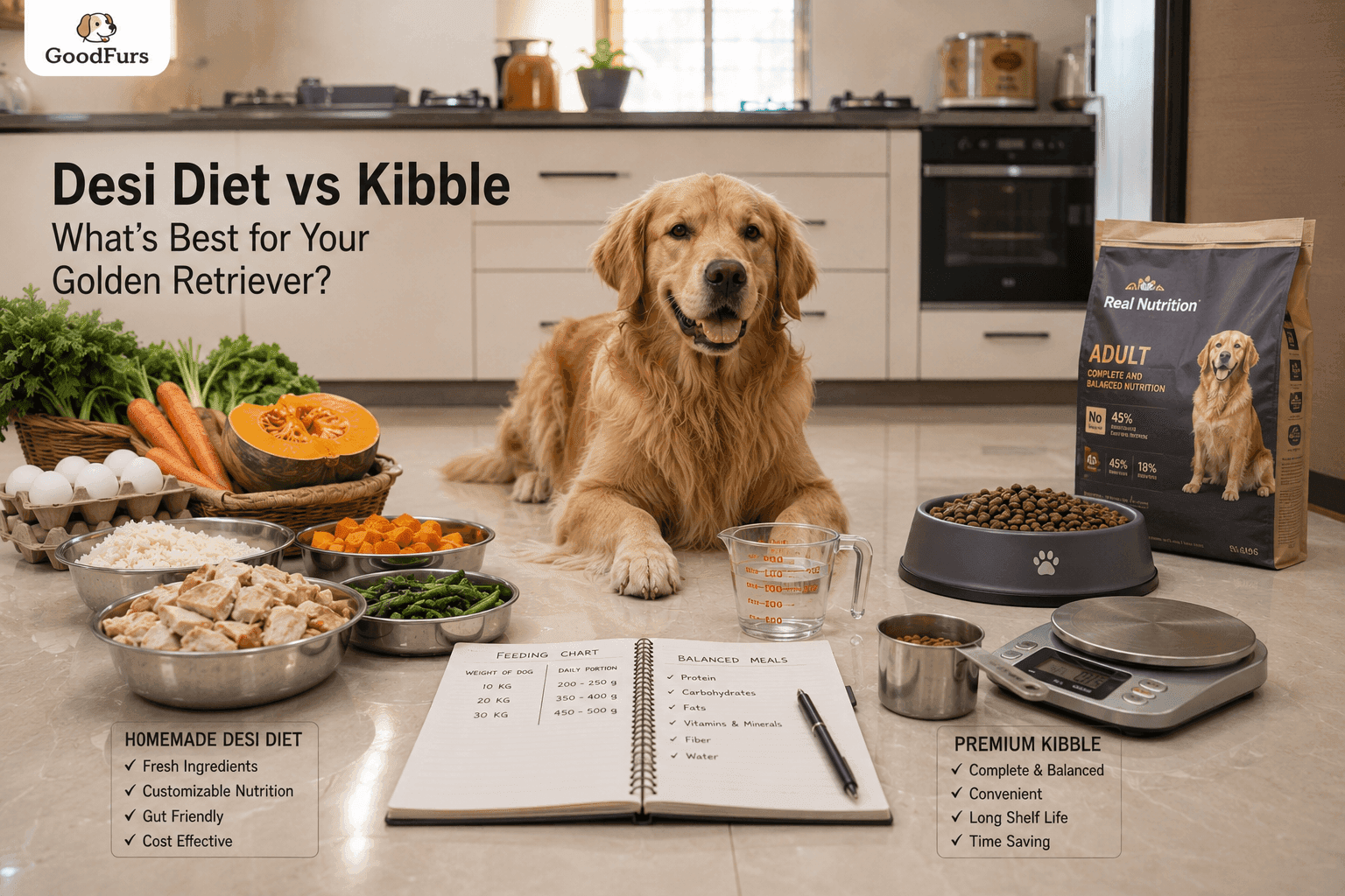 A balanced comparison of homemade Indian meals and premium kibble for Golden Retrievers, helping pet parents understand nutrition, portion sizes, and feeding costs. Healthy Golden Retriever sitting between homemade Indian dog food and premium kibble in a modern kitchen, comparing balanced nutrition options for pet parents.