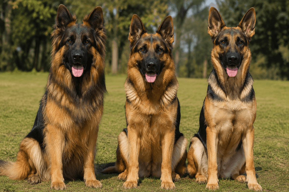 A side-by-side comparison of the four main German Shepherd coat types—Double Coat, Long Coat, Plush Coat, and Short Coat—highlighting their unique fur length, texture, and appearance to help prospective owners understand the breed's coat variations. Comparison of German Shepherd coat types including Double Coat, Long Coat, Plush Coat, and Short Coat in a realistic side-by-side guide.