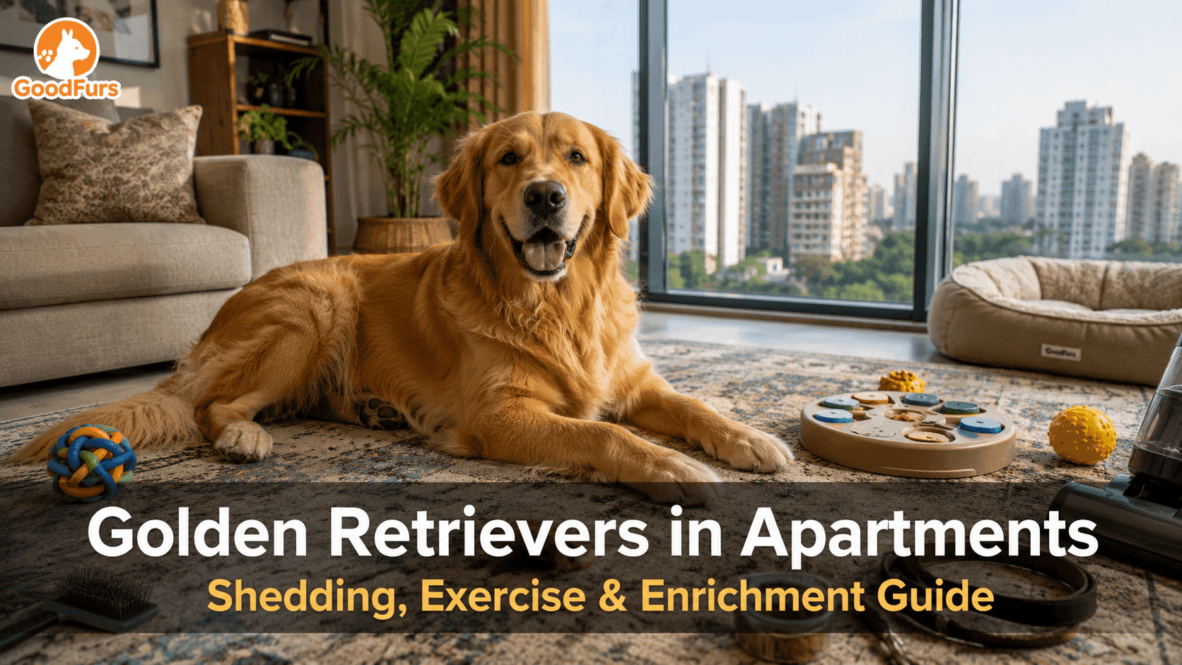 A well-exercised and mentally enriched Golden Retriever enjoying apartment life indoors, proving that apartment living can be comfortable, healthy, and fulfilling with the right care routine. Happy Golden Retriever relaxing inside a modern Indian apartment with toys, puzzle feeders, grooming tools, and city skyline views, demonstrating successful apartment living for Golden Retrievers.