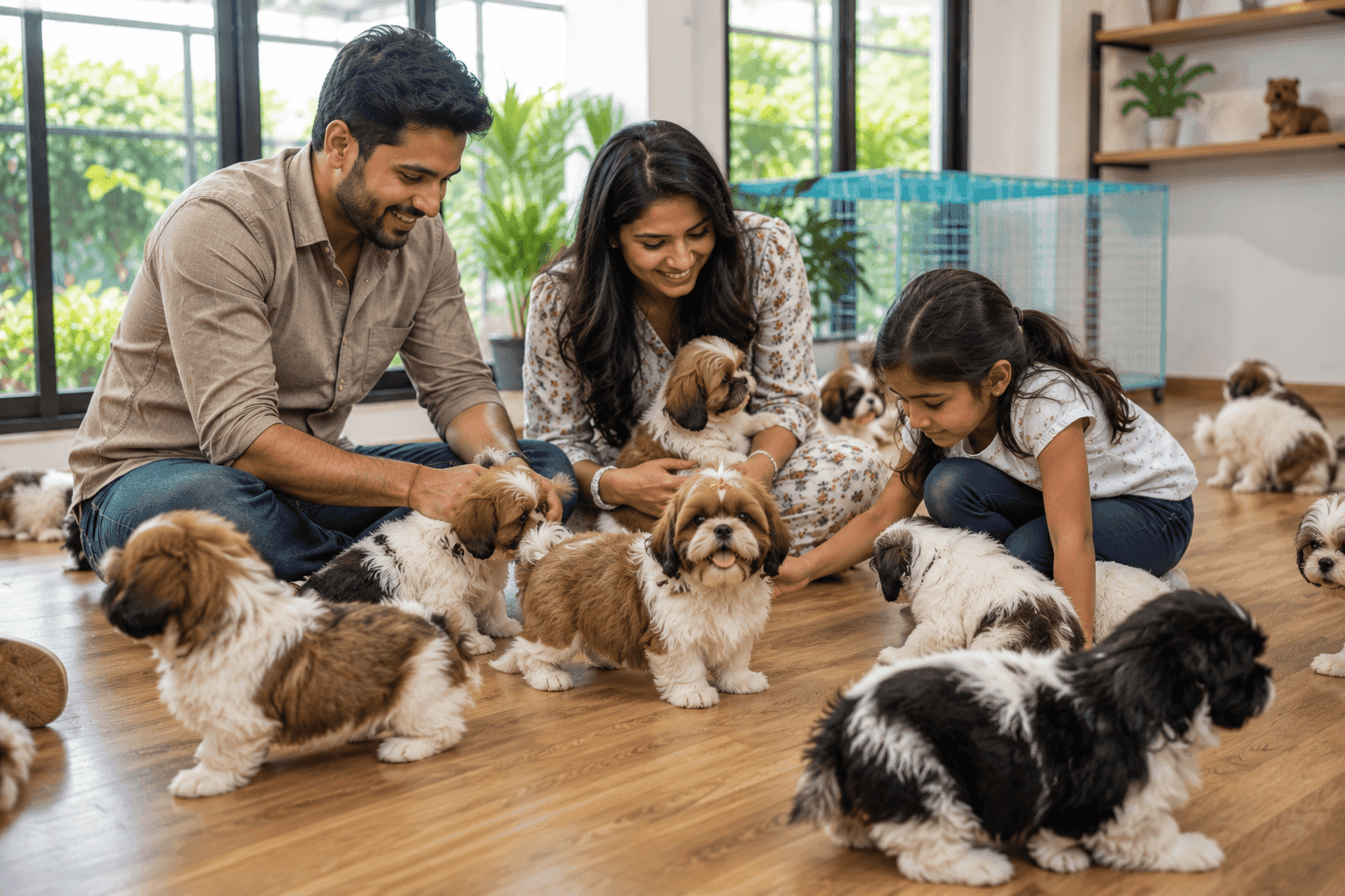 An Indian family carefully choosing a healthy, ethically raised Shih Tzu puppy in a clean and responsible breeding environment. Healthy Shih Tzu puppies with an Indian family choosing a well-groomed puppy in a clean and ethical breeder environment.