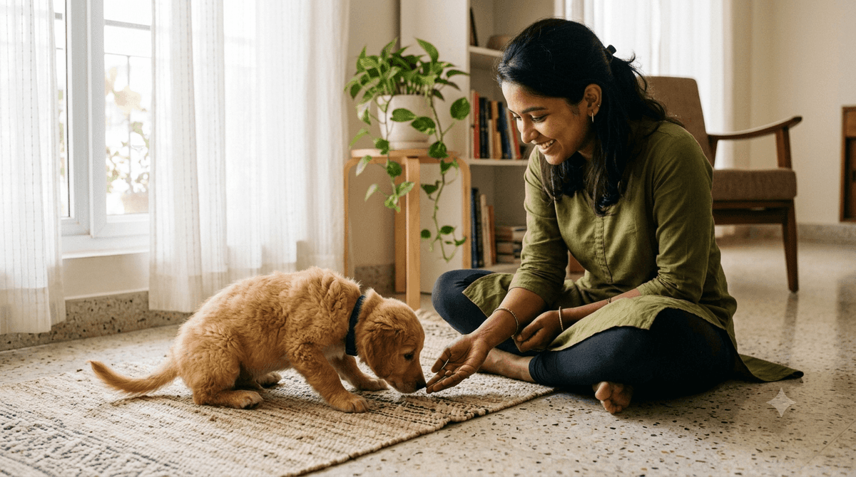 Owner rewarding a calm puppy with a treat as it explores a living room in an Indian apartment