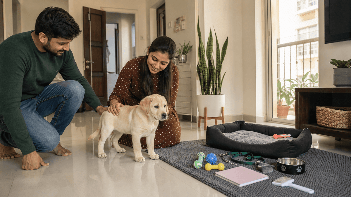 First-time Indian family preparing a safe apartment with a bed, bowls and toys before Labrador puppy delivery