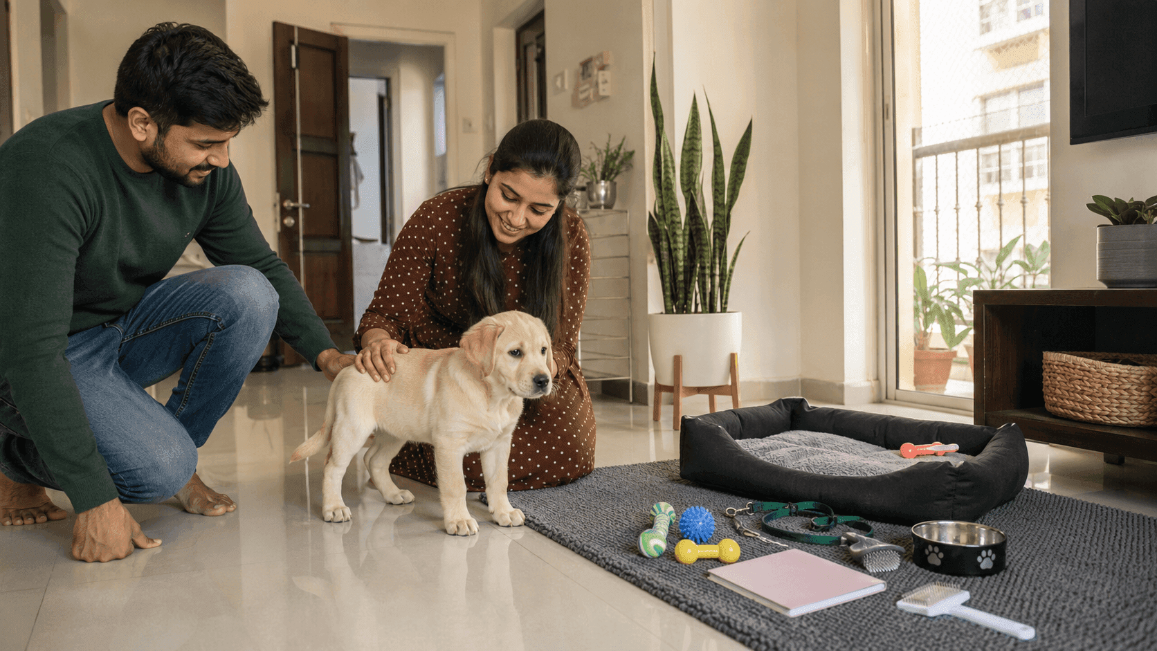 A safe sleeping area, familiar food, secure surroundings and a calm family routine help a Labrador puppy adjust after delivery. First-time Indian family preparing a safe apartment with a bed, bowls and toys before Labrador puppy delivery