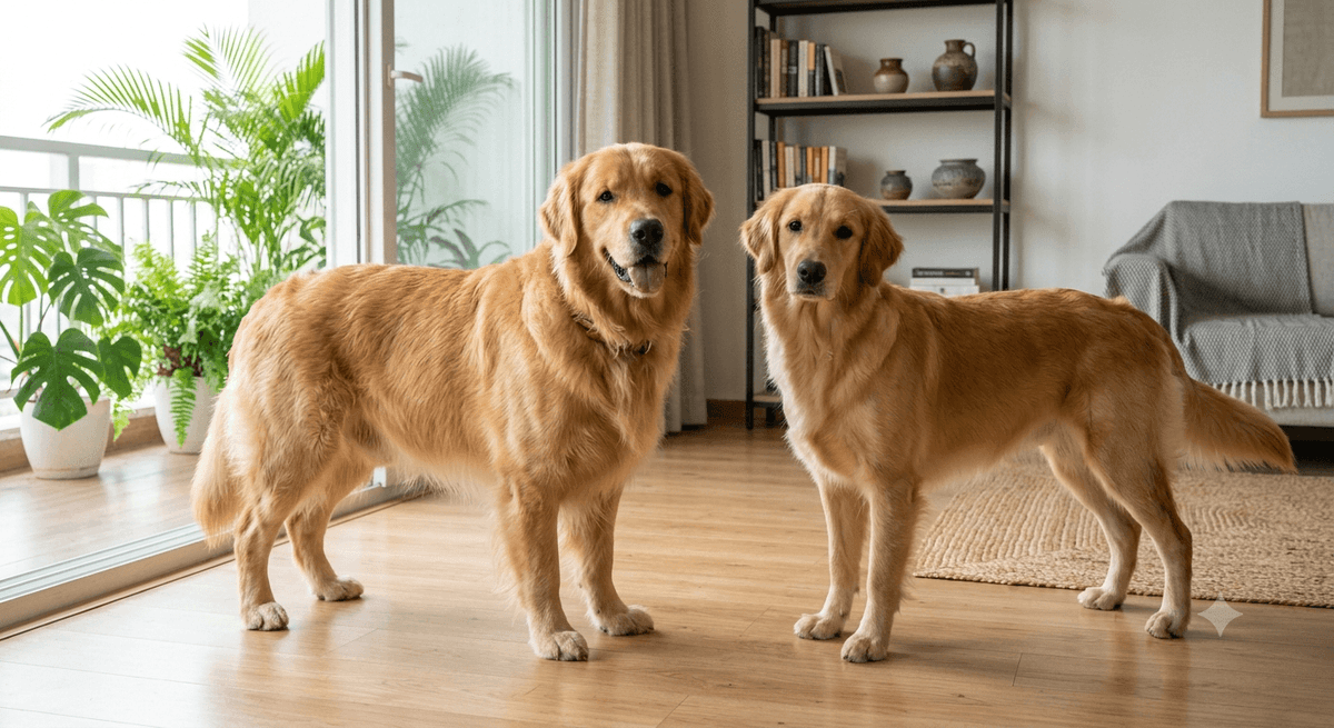 Male and female Golden Retriever comparison for size and behaviour