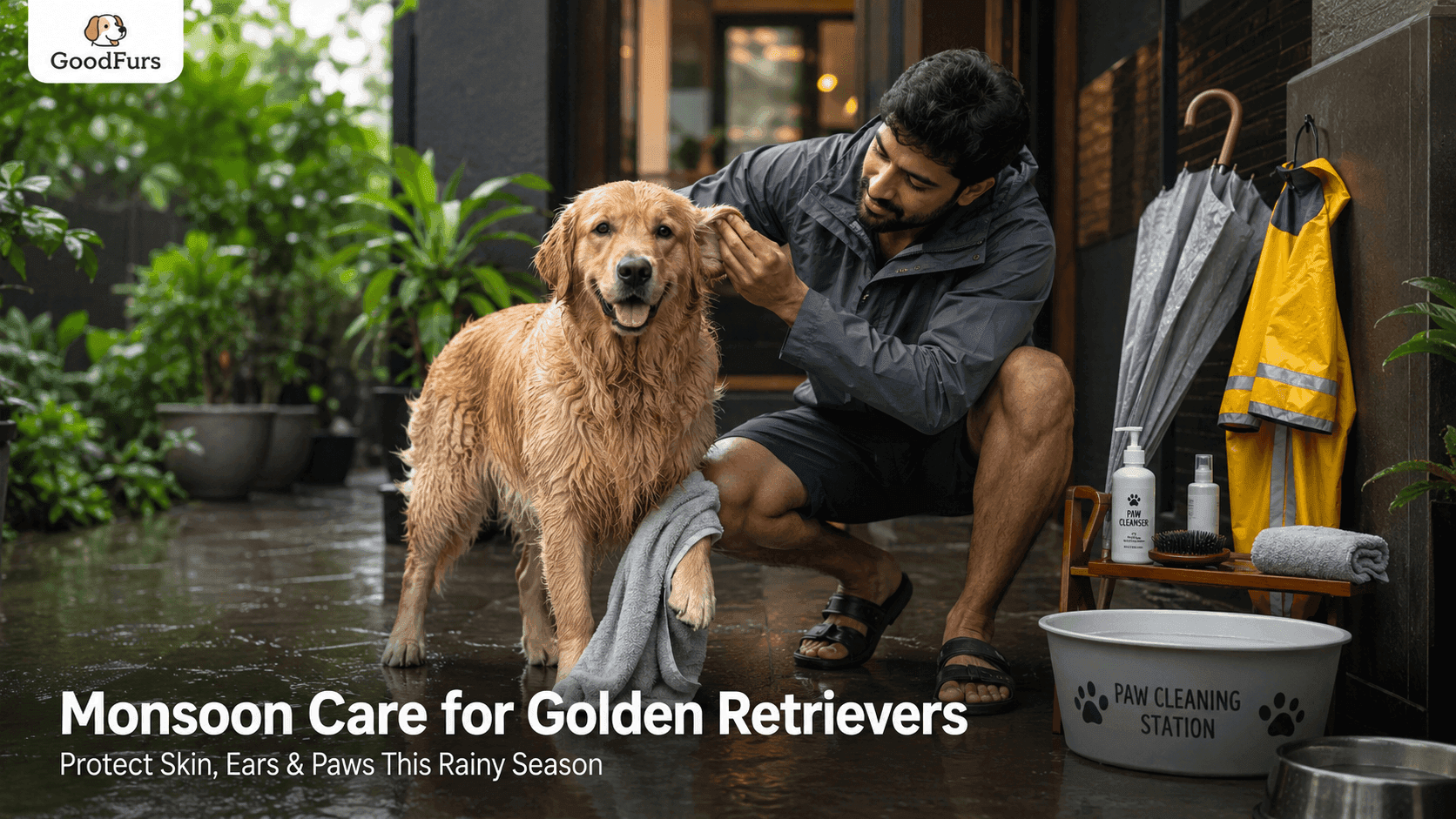 Responsible monsoon care for Golden Retrievers includes drying paws, checking ears, and maintaining proper hygiene after rainy walks to help prevent skin and ear infections. Golden Retriever receiving post-rain care as its owner dries paws and checks ears outside a modern Indian home during the monsoon season.