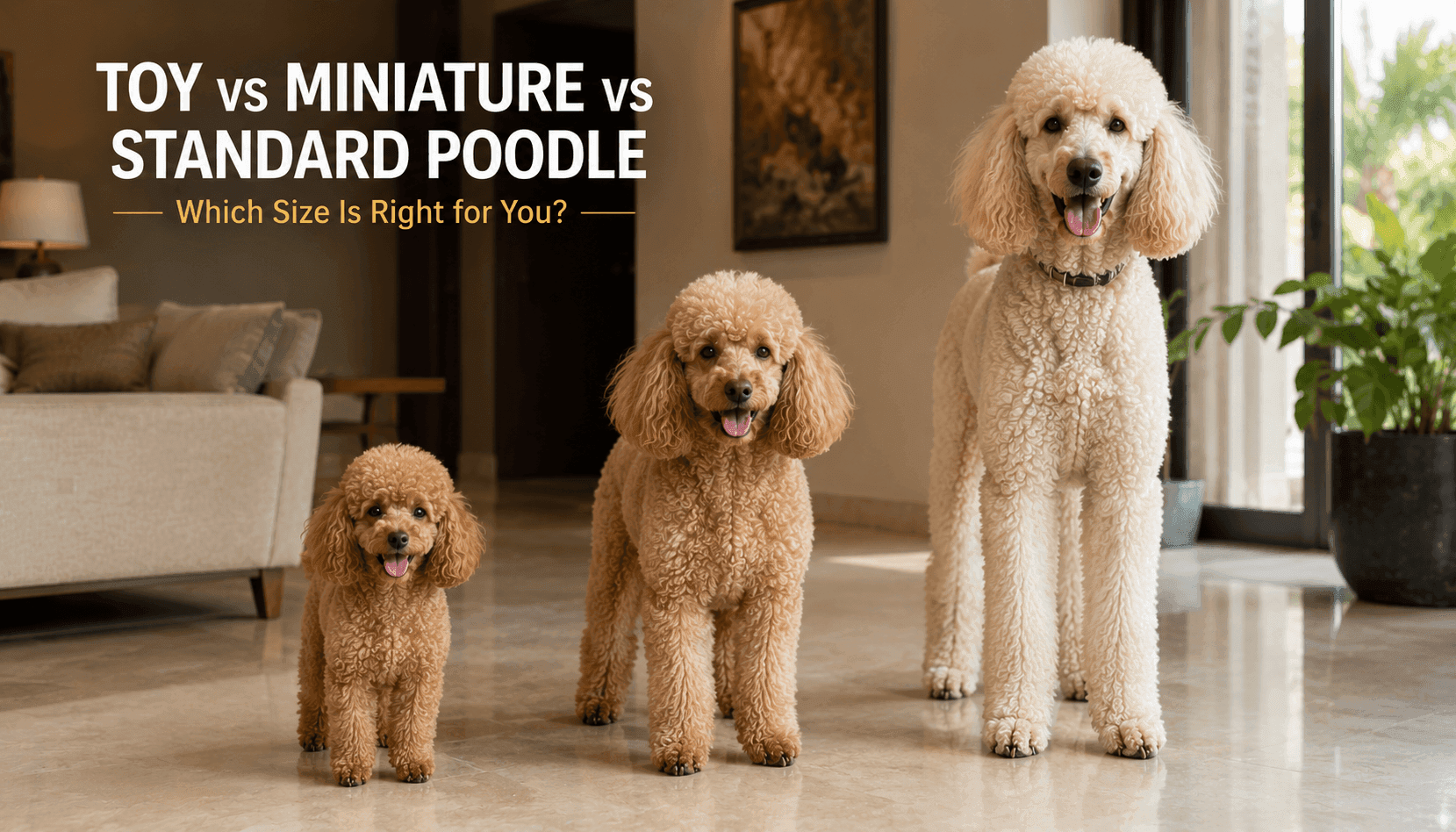 Toy, Miniature, and Standard Poodles compared side by side — which size fits your home? Toy, Miniature, and Standard Poodle size comparison in an Indian home