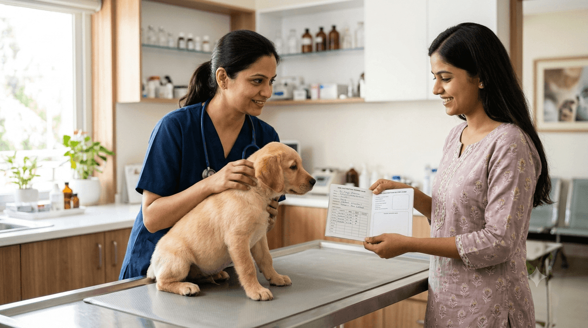 Veterinarian holding a Labrador puppy at an Indian clinic while the owner checks the puppy vaccination card