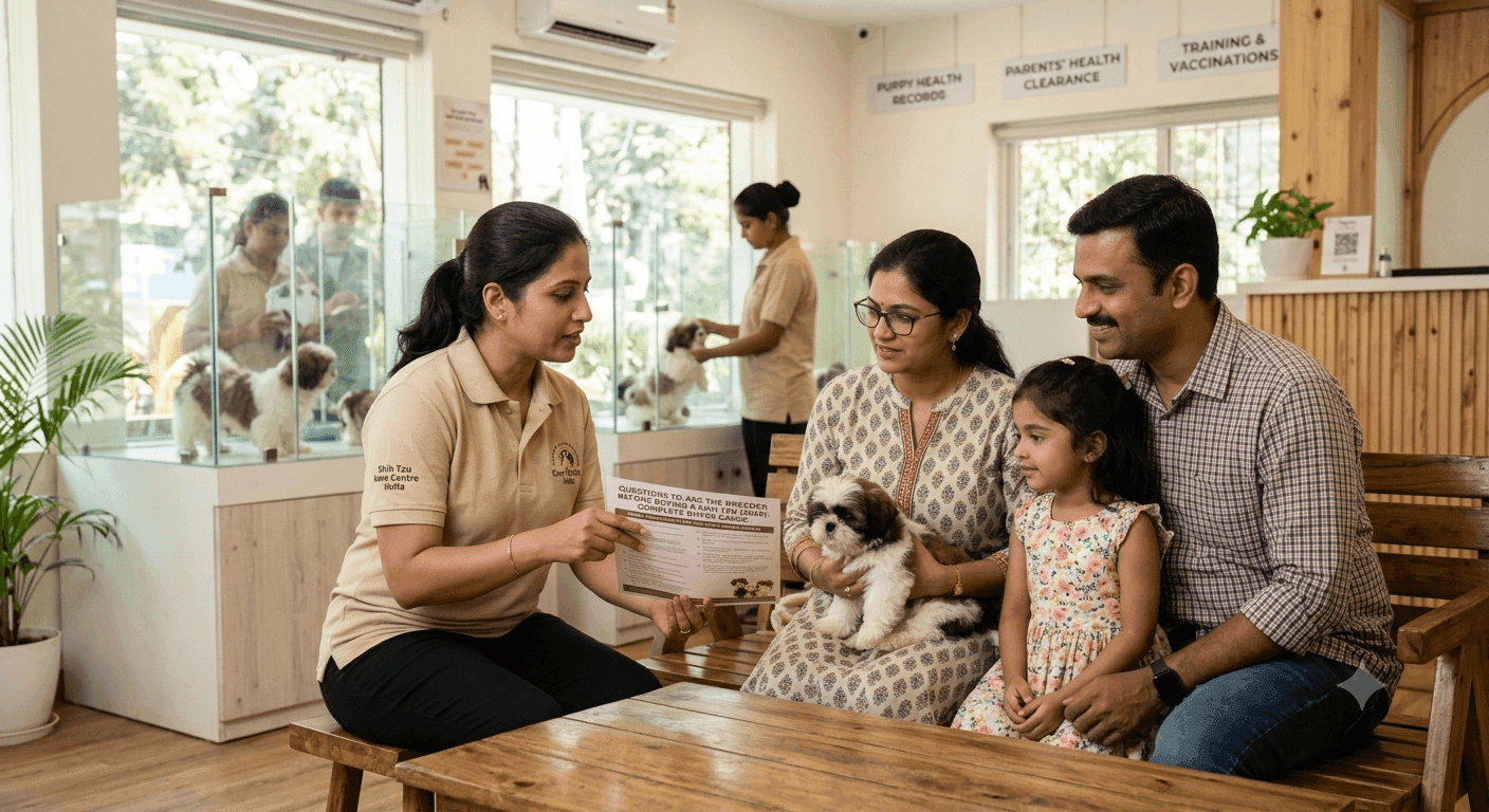 A responsible breeder explains the Shih Tzu puppy's vaccination records and health certificate to a young Indian family, highlighting the importance of ethical breeding and informed puppy buying. Healthy KCI-quality Shih Tzu puppy with an ethical breeder showing vaccination and health records to a young Indian couple inside a modern pet-friendly home.