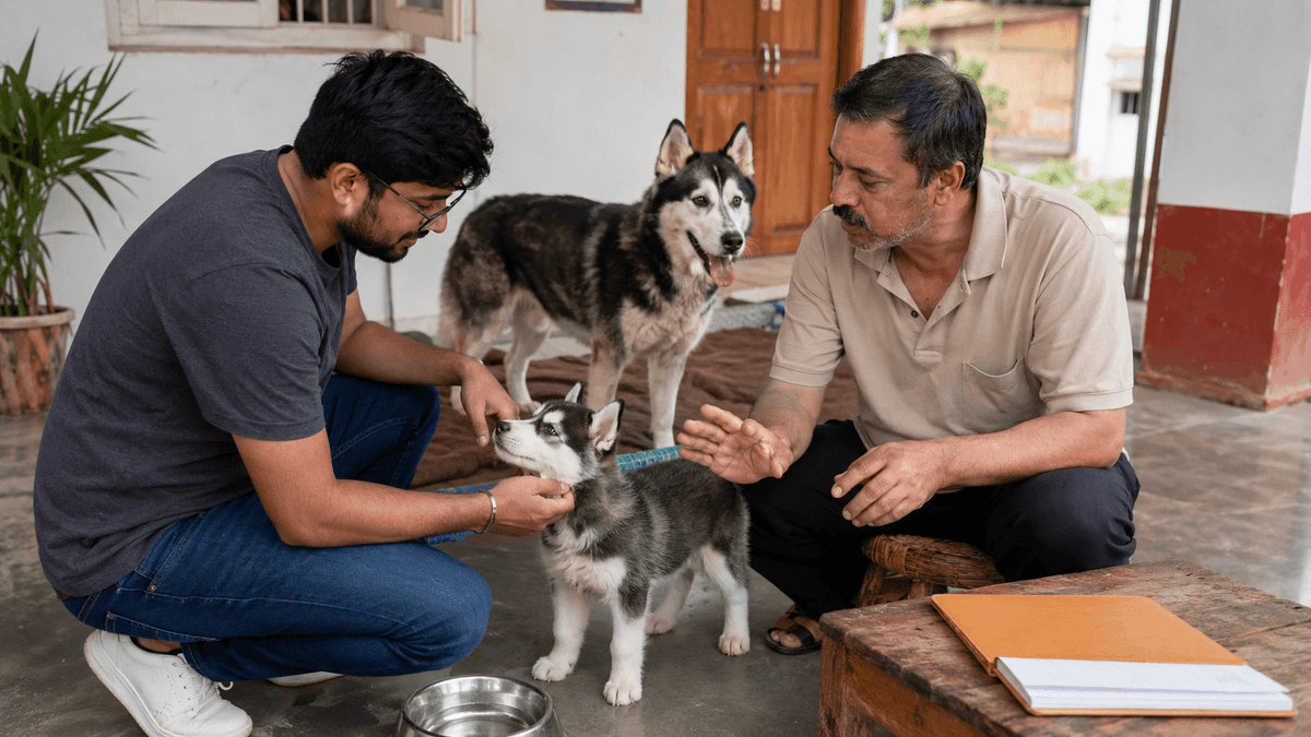 A potential buyer interacts with a healthy Siberian Husky puppy while a responsible breeder explains its health, vaccination and care requirements. Potential buyer discussing the health and care of a Siberian Husky puppy with a responsible breeder in a clean Indian residential breeding environment.