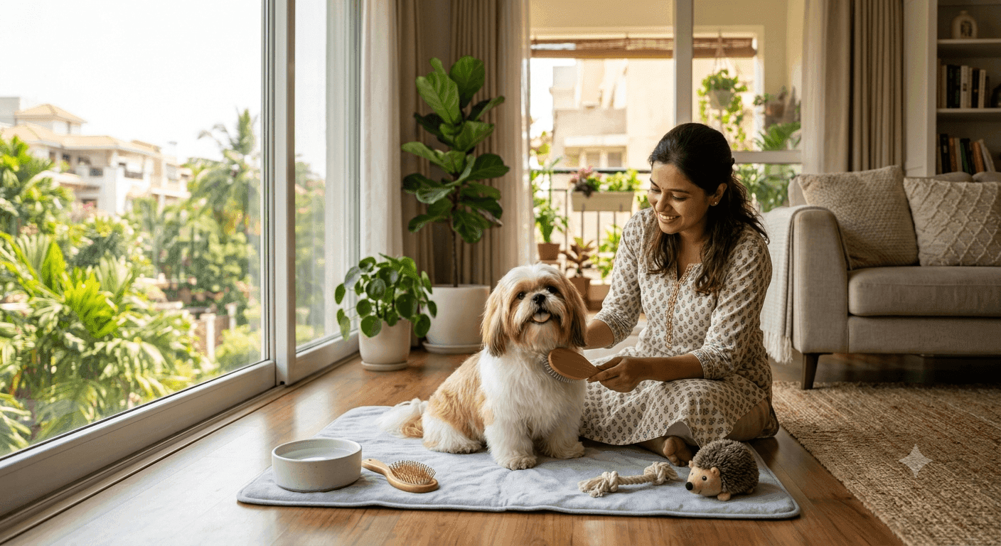 A well-groomed Shih Tzu enjoying regular grooming and summer care in a comfortable, pet-friendly Indian home. Owner grooming a healthy Shih Tzu at home with a cooling mat, fresh water, and grooming essentials in a modern Indian living room.
