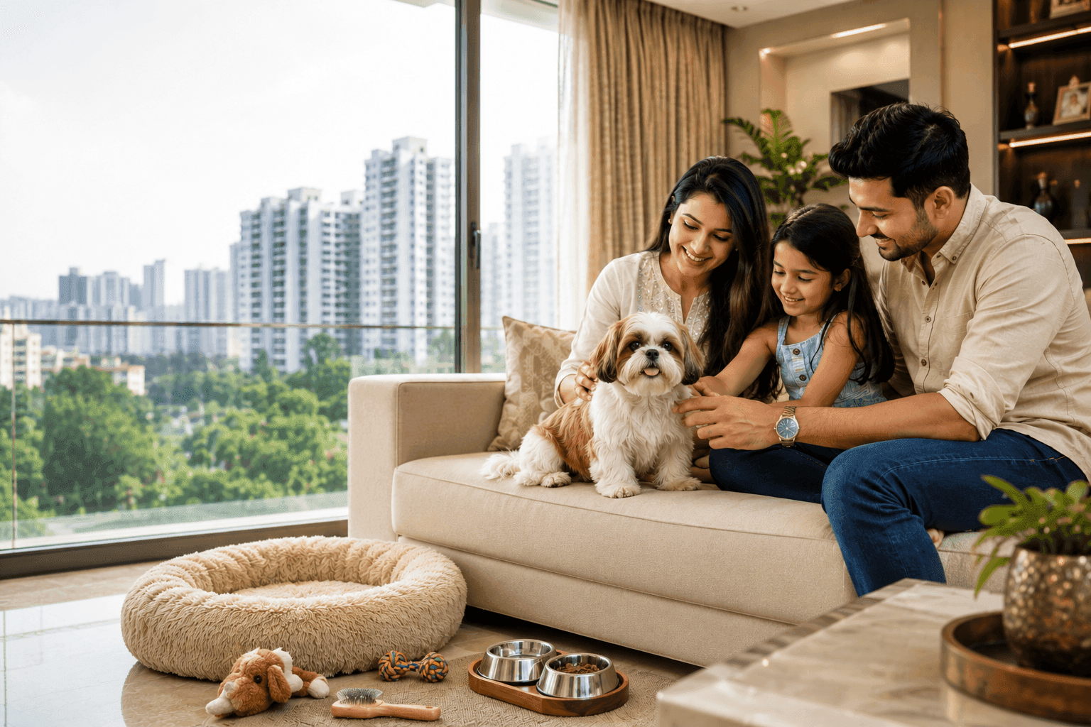A healthy, well-groomed KCI-quality Shih Tzu puppy enjoying a loving moment with an Indian family in a modern Delhi NCR home. Healthy KCI-quality Shih Tzu puppy with a happy Indian family in a modern Delhi NCR home, showcasing responsible pet ownership and a premium lifestyle.