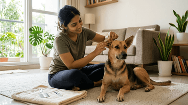 Pet parent checking behind a dog’s ear for ticks and fleas, with a flea comb and tweezers nearby