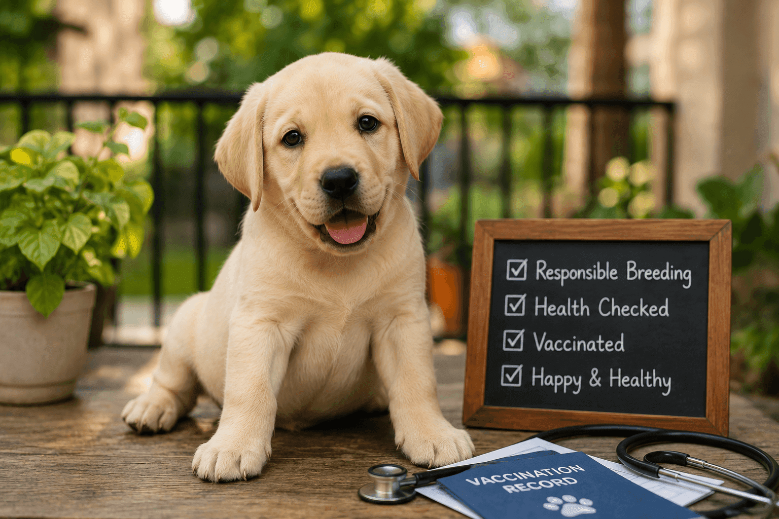 Ethical breeders welcome document checks and video verification — fake ones avoid them. Indian family verifying vaccination records with a transparent Labrador breeder and healthy puppy