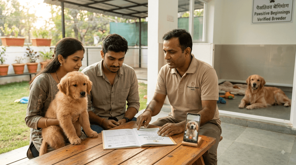 Responsible dog breeder in India showing a healthy Golden Retriever puppy and vaccination records to a buyer